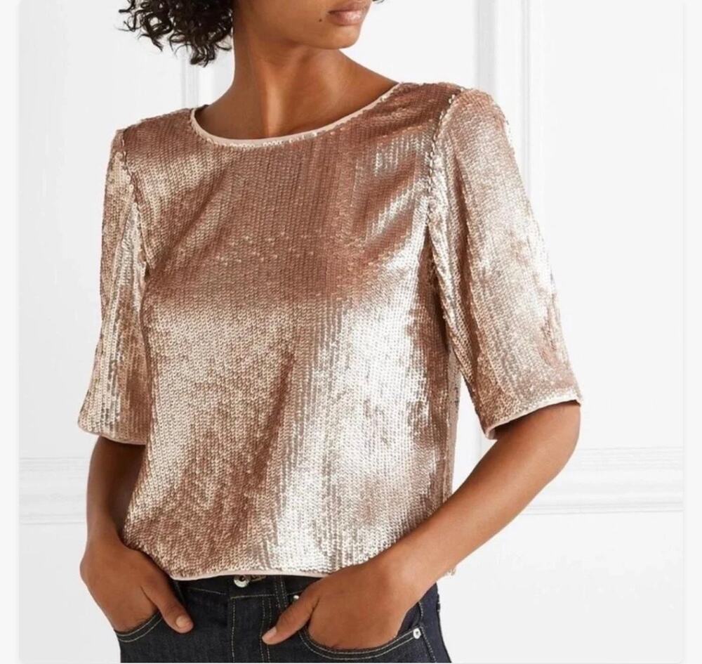 J.Crew Champagne Gold Sequin Top Open Back Bow Tie Blouse Size 4 Party Holiday